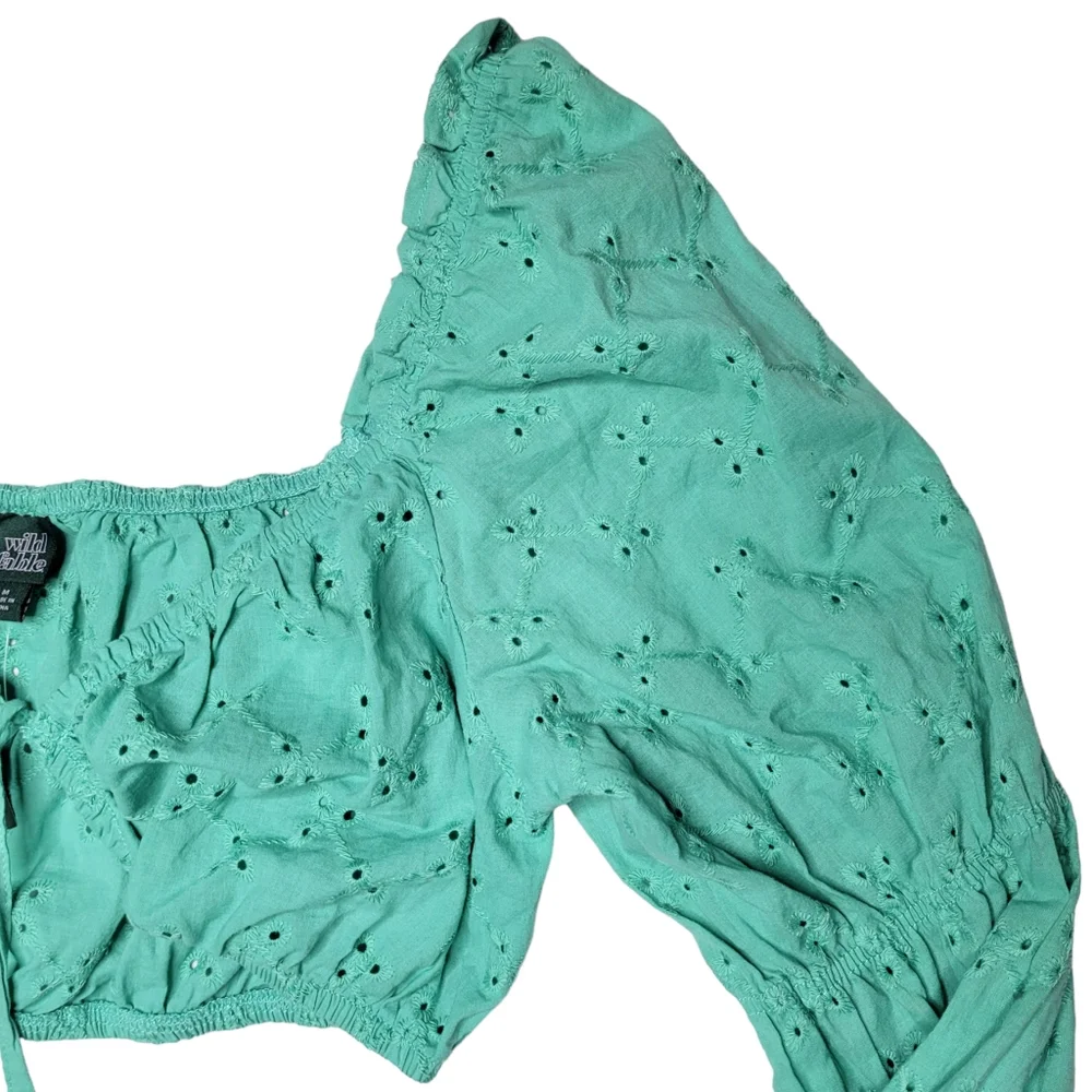 NEW Wild Fable Medium Crop Top Long Sleeve Cotton Teal Green Eyelets